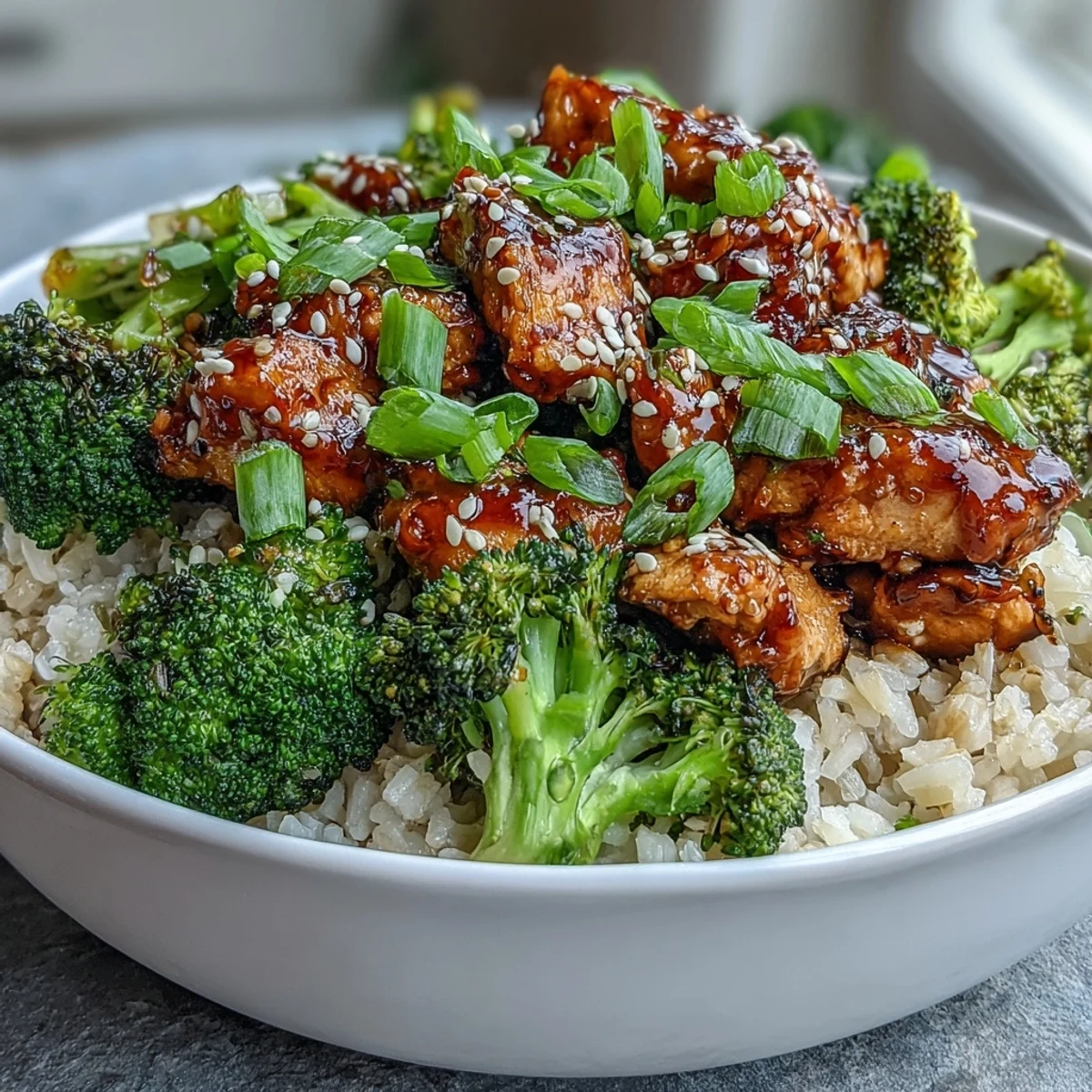 Sweet and Spicy Turkey Broccoli Bowls featuring glazed turkey, tender steamed broccoli, and fluffy brown rice, topped with fresh green onions and sesame seeds.