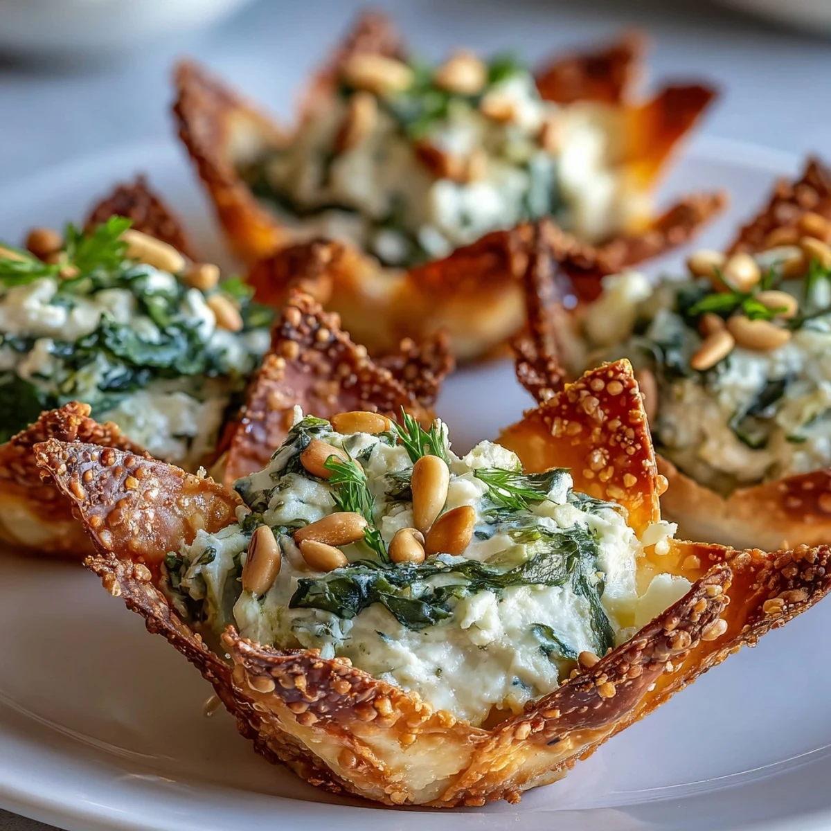 Golden Mediterranean spinach and feta crisps in mini muffin cups showcase flaky edges and a vibrant green filling.