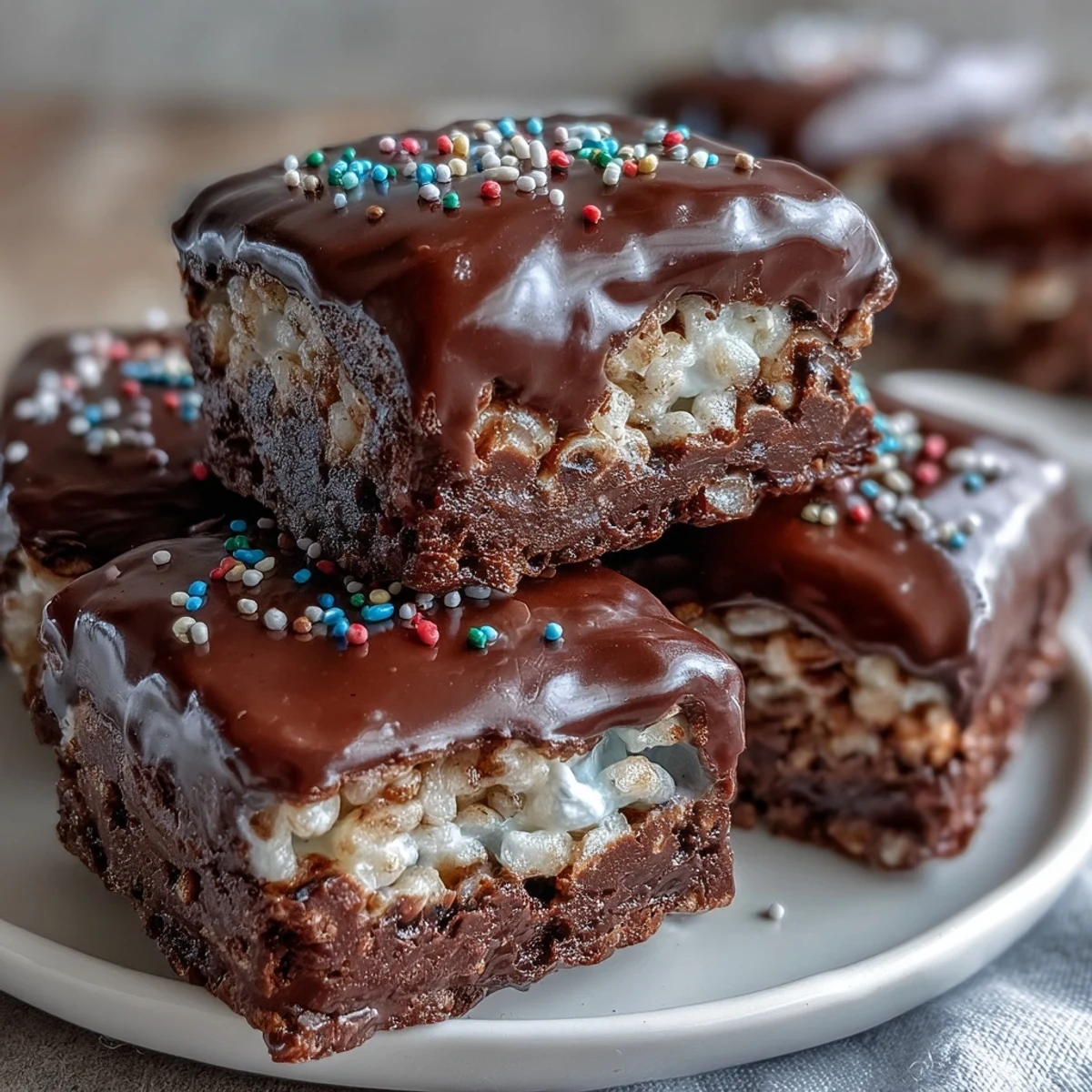 Overhead view of Chocolate Covered Rice Krispy Treats cut into bars, featuring a smooth chocolate topping and gooey marshmallow texture for a party snack.