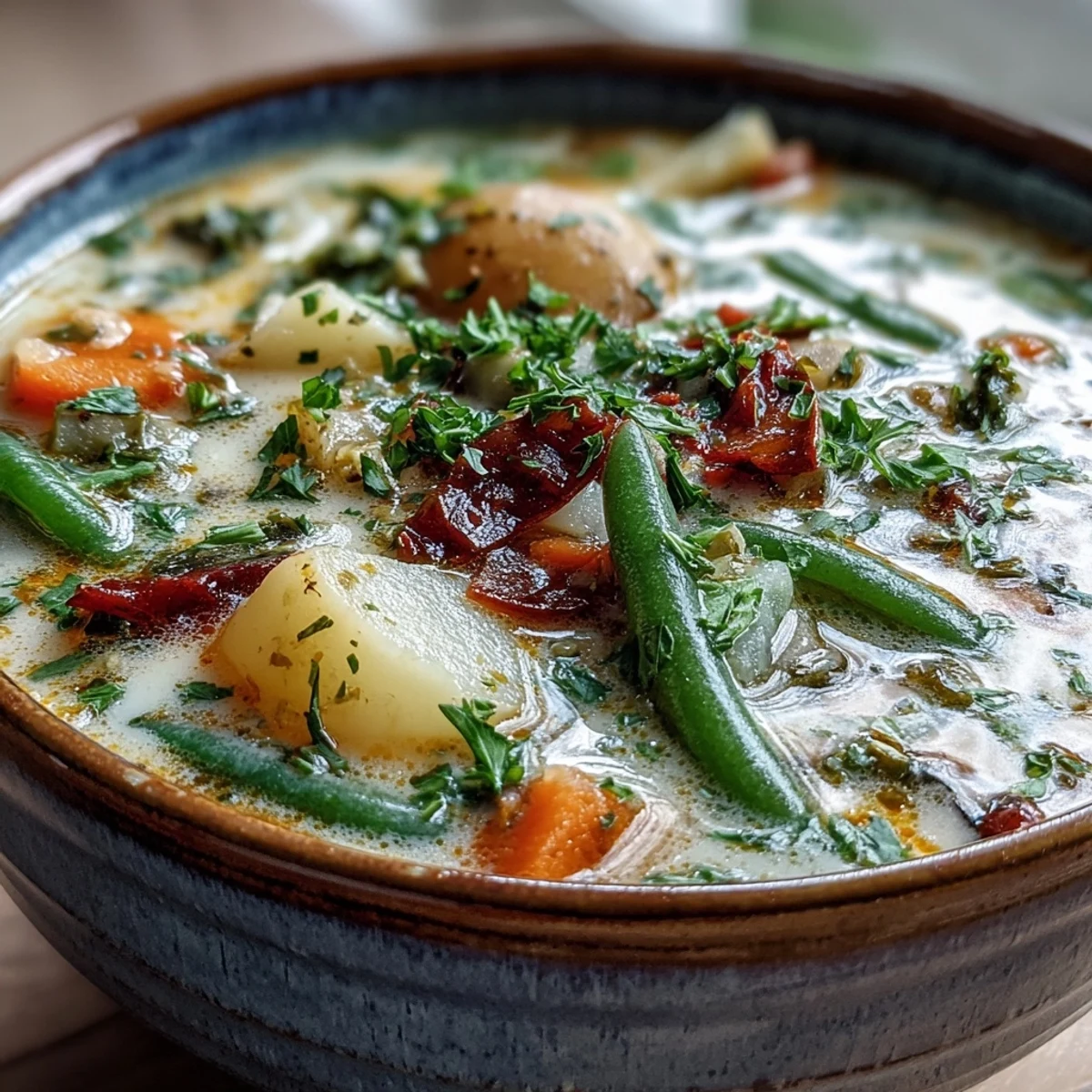 A close-up photo of Amish Snow Day Soup in a rustic bowl, showcasing tender vegetables and a creamy broth with fresh thyme garnish.