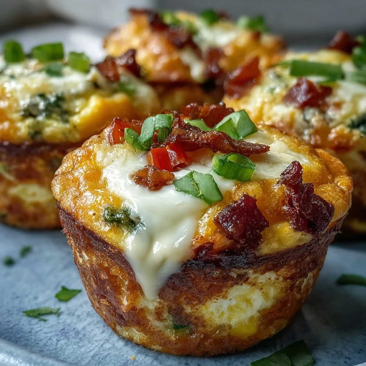 Golden brown Breakfast Egg Muffins with melted cheddar, bacon, and peppers sit on a white plate, perfect for a quick on-the-go breakfast.