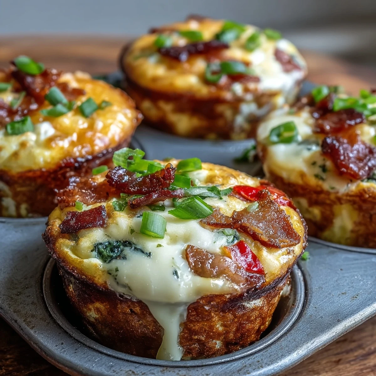 Freshly baked Breakfast Egg Muffins with visible bell peppers and cheddar cheese, great for meal prep on a busy weekday morning.