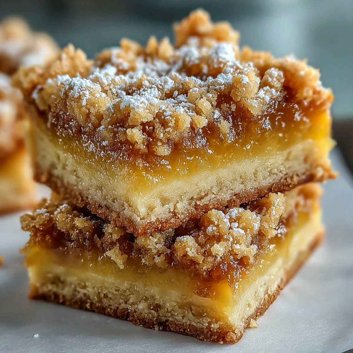 Freshly baked Homemade Lemon Crumb Bars feature a golden crumb topping and bright lemon filling dusted with powdered sugar on a marble surface.