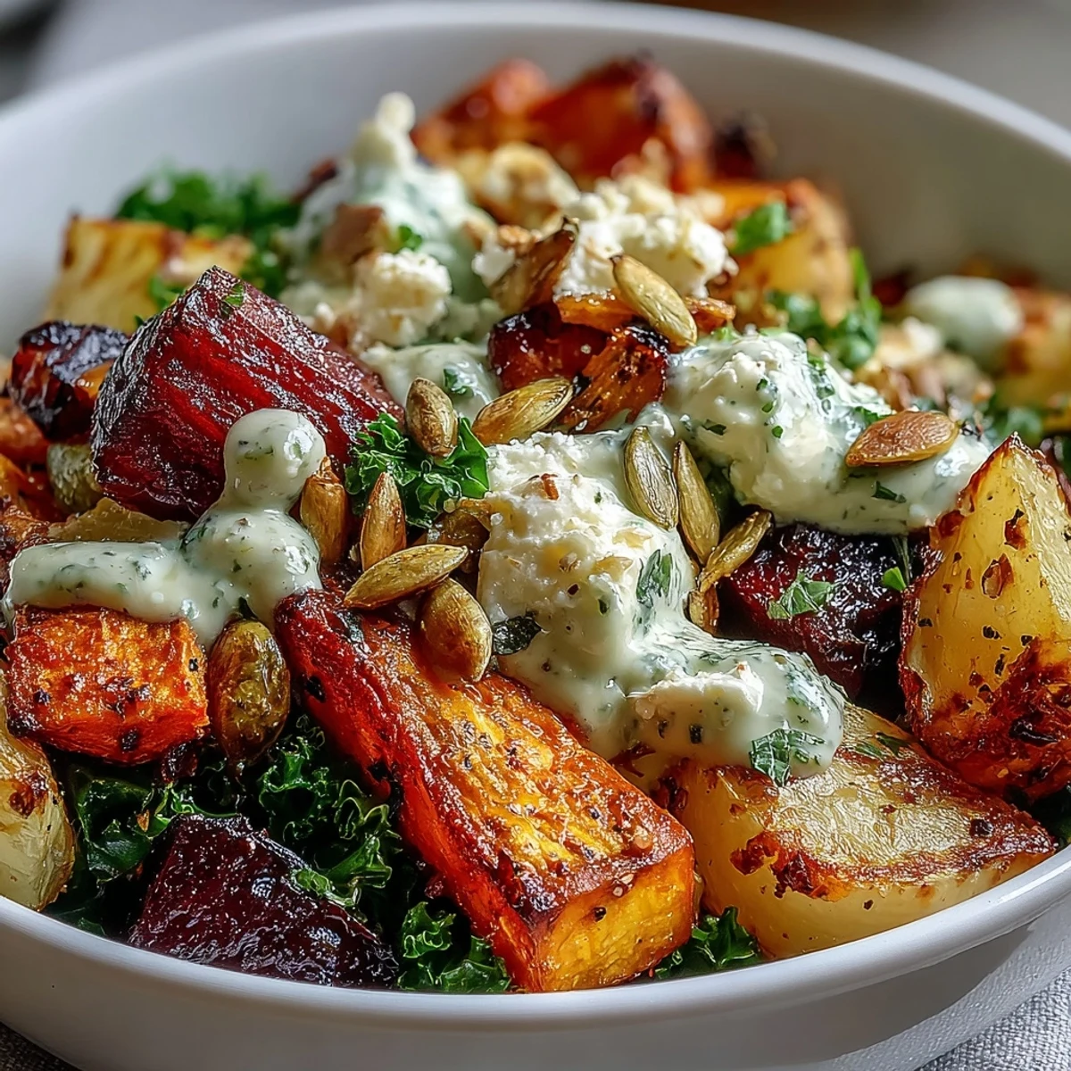 A top-down view of a Winter Root Vegetable Bowl featuring roasted carrots, parsnips, sweet potatoes, and beets on a bed of massaged kale.