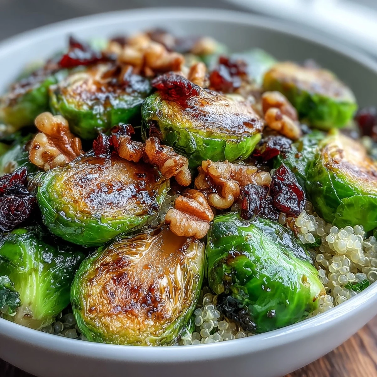 Golden roasted Brussels sprouts and red onion over fluffy quinoa in a white bowl, drizzled with tangy balsamic dressing.