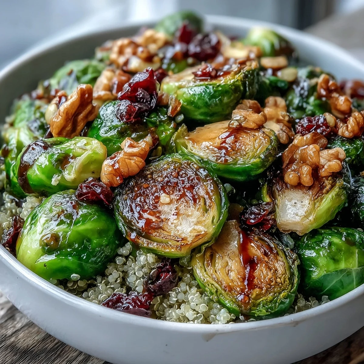Hearty roasted Brussels sprouts bowl with quinoa, walnuts, and dried cranberries, a wholesome vegetarian main dish served warm.