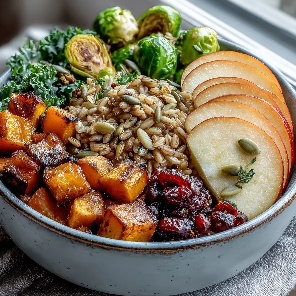 Roasted squash and Brussels sprouts are layered over farro with kale and caramelized apples in a cozy fall vegetable bowl.