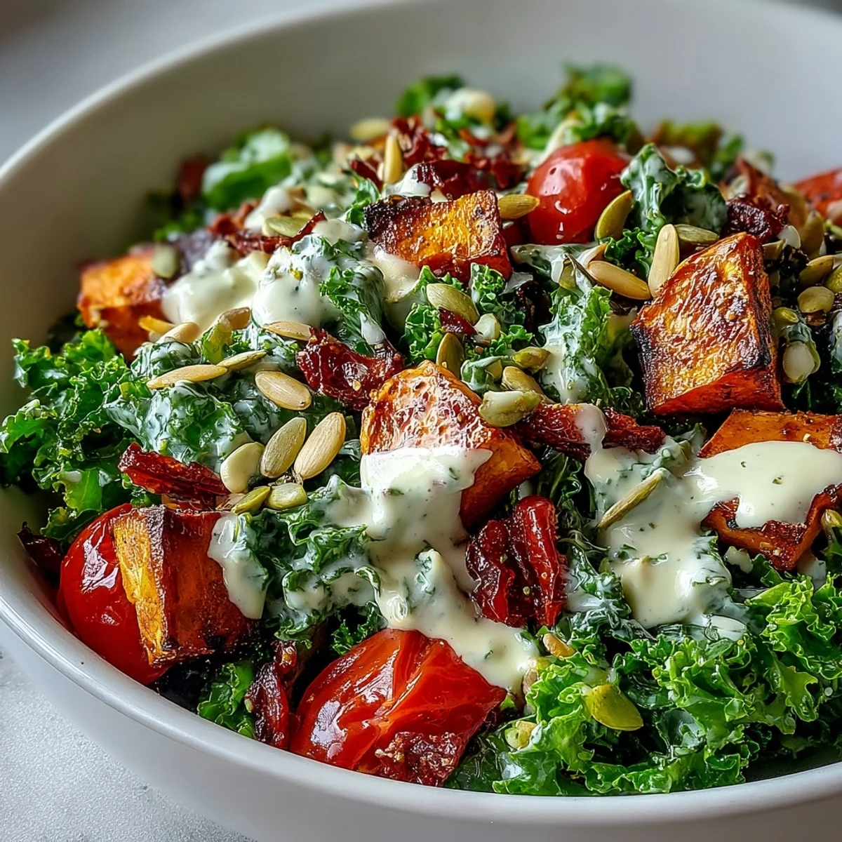 Freshly tossed Kale Salad Bowl with bright kale, warm roasted veggies, sunflower seeds, and a rich tahini dressing, served on a rustic plate.