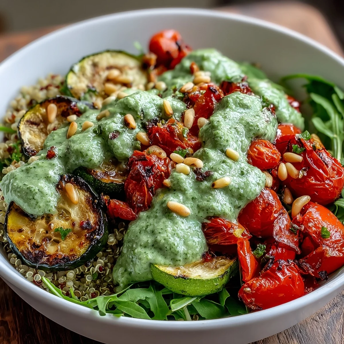 A hearty, colorful bowl of Arugula Pesto Bowl, drizzled with zesty sauce and ready for a nutritious lunch.