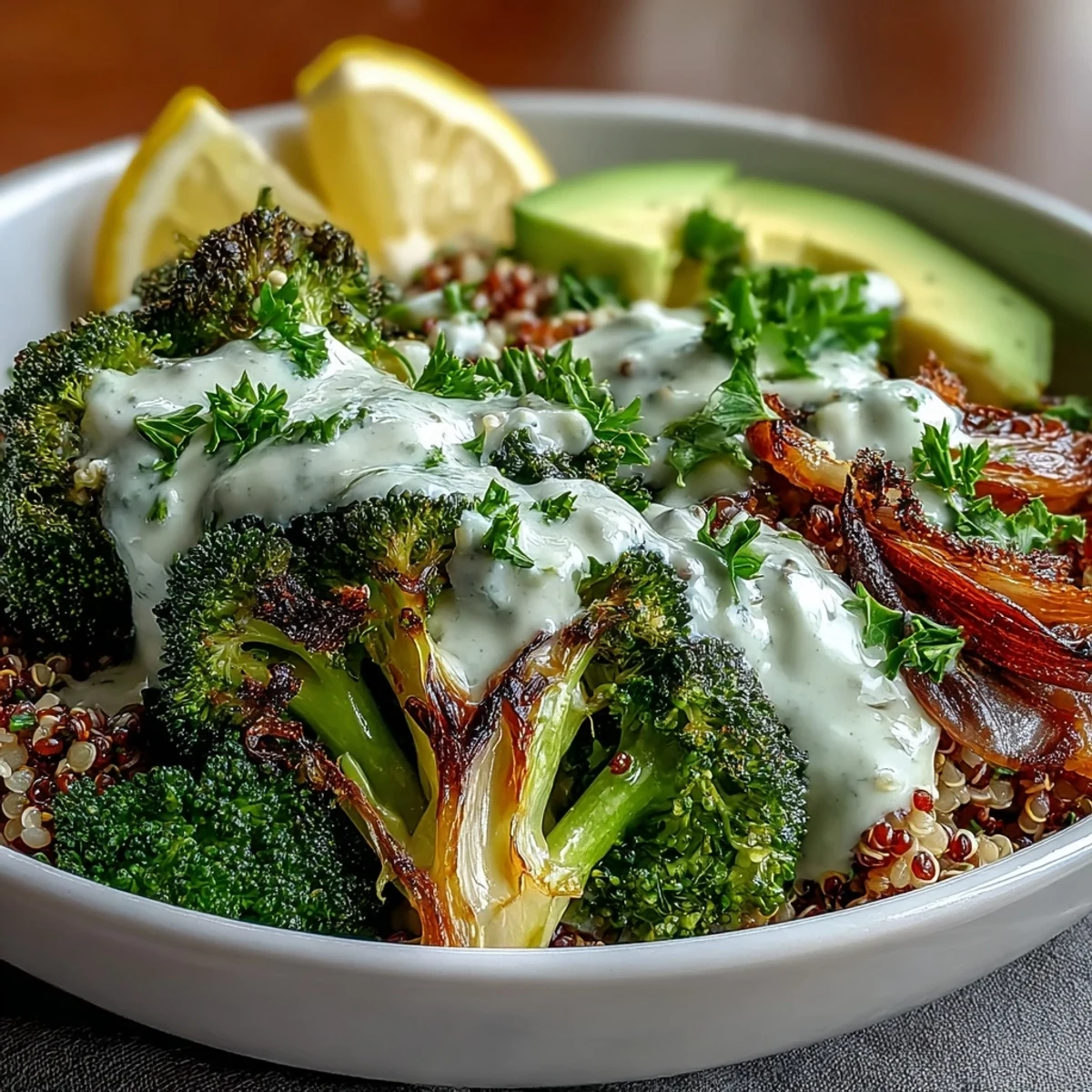 The Mediterranean-inspired Roasted Broccoli Bowl features roasted florets, creamy sauce, and avocado slices for a wholesome meal.