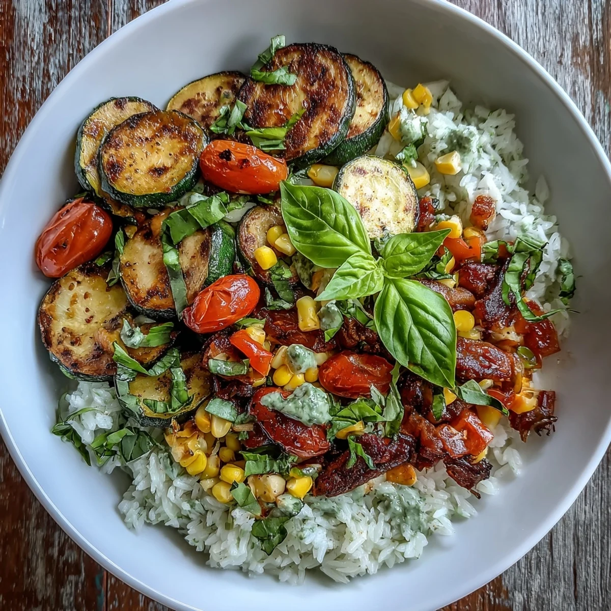 A vibrant Summer Vegetable Bowl with sautéed zucchini, juicy tomatoes, and sweet corn served over fluffy rice and topped with fresh basil.