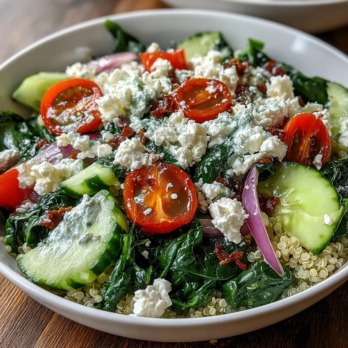 Mediterranean Spinach and Feta Grain Bowl with fresh veggies and feta cheese for lunch.