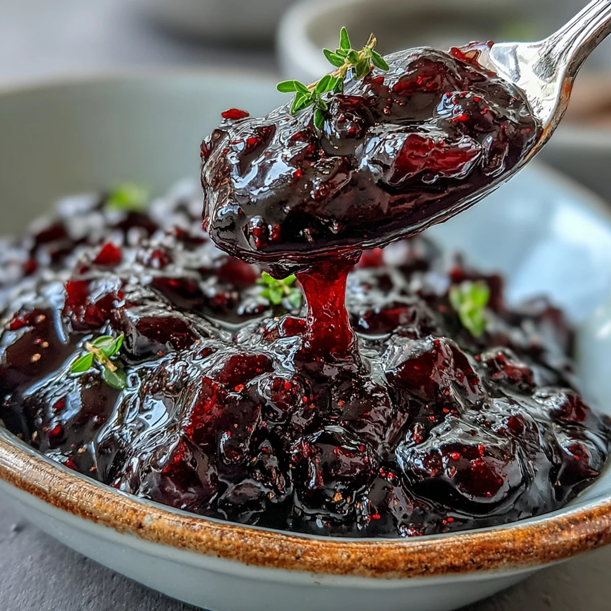Dark, glossy Black Currant Glaze swirled on a spoon, showing its thick, sticky texture over a rustic wooden background.
