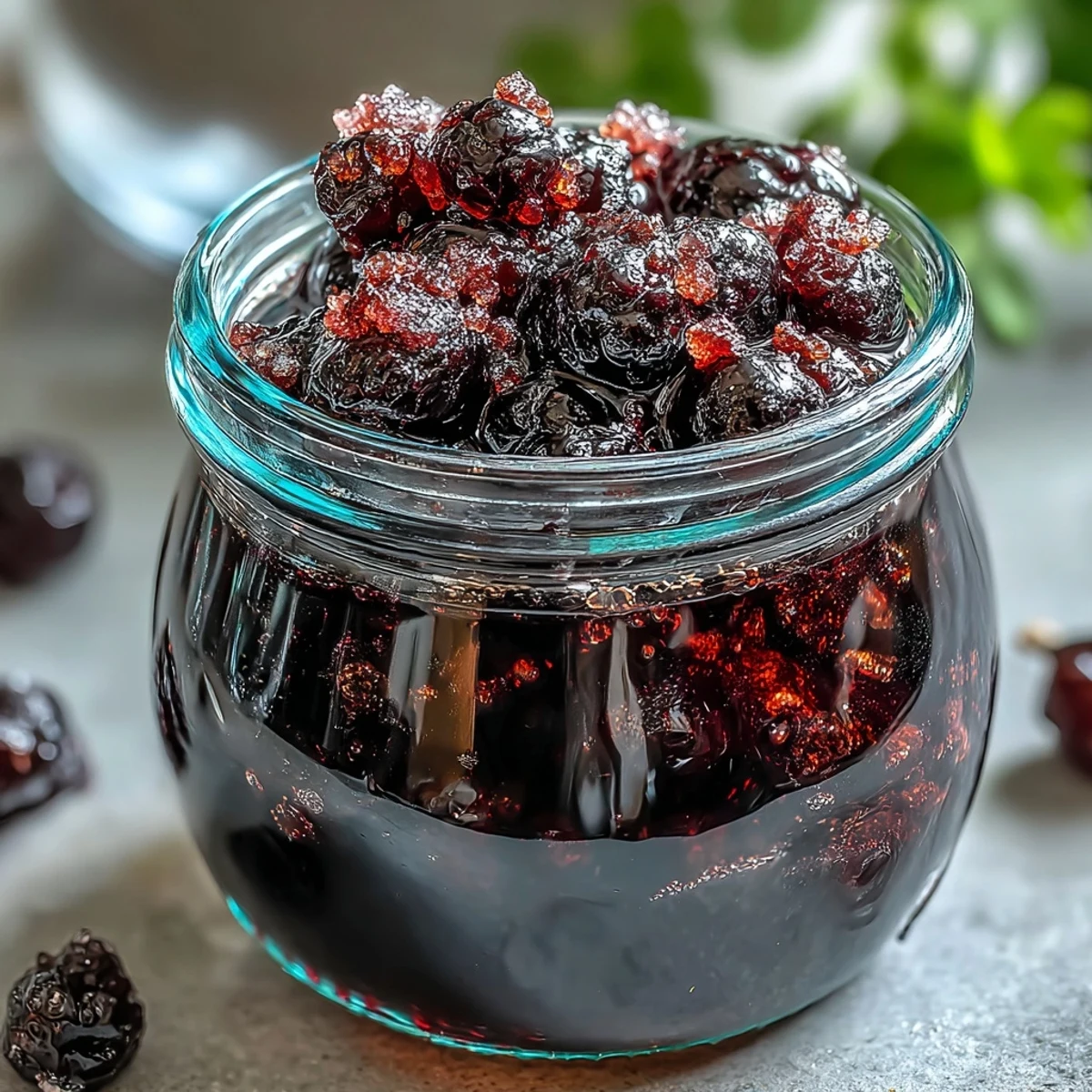 A clear glass jar holds the vibrant purple Easy Blackcurrant Liqueur as it infuses, with fresh berries visible within. 