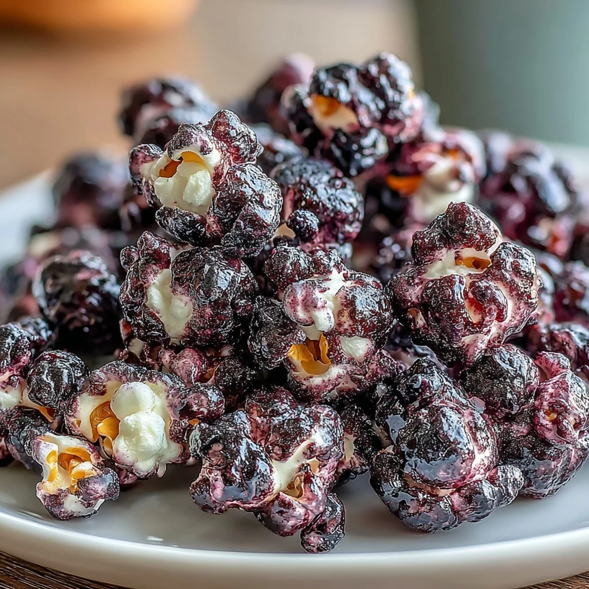 Spoon lifting a serving of Black Currant Cheesecake Kettle Corn from a warm, glazed pot.