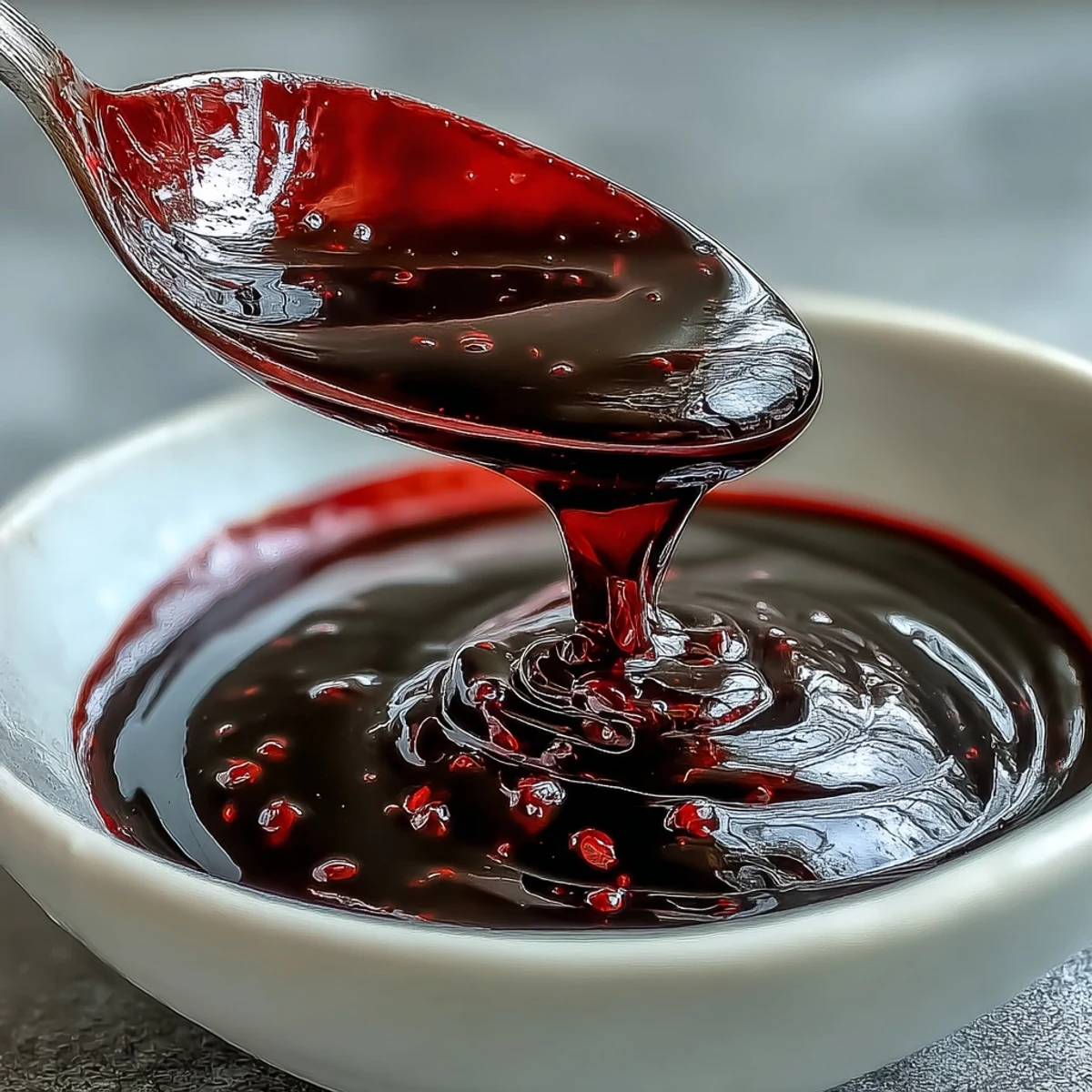 Glossy, deep purple Black Currant Syrup is slowly poured from a glass jar into a spoon, drizzling over creamy vanilla ice cream.