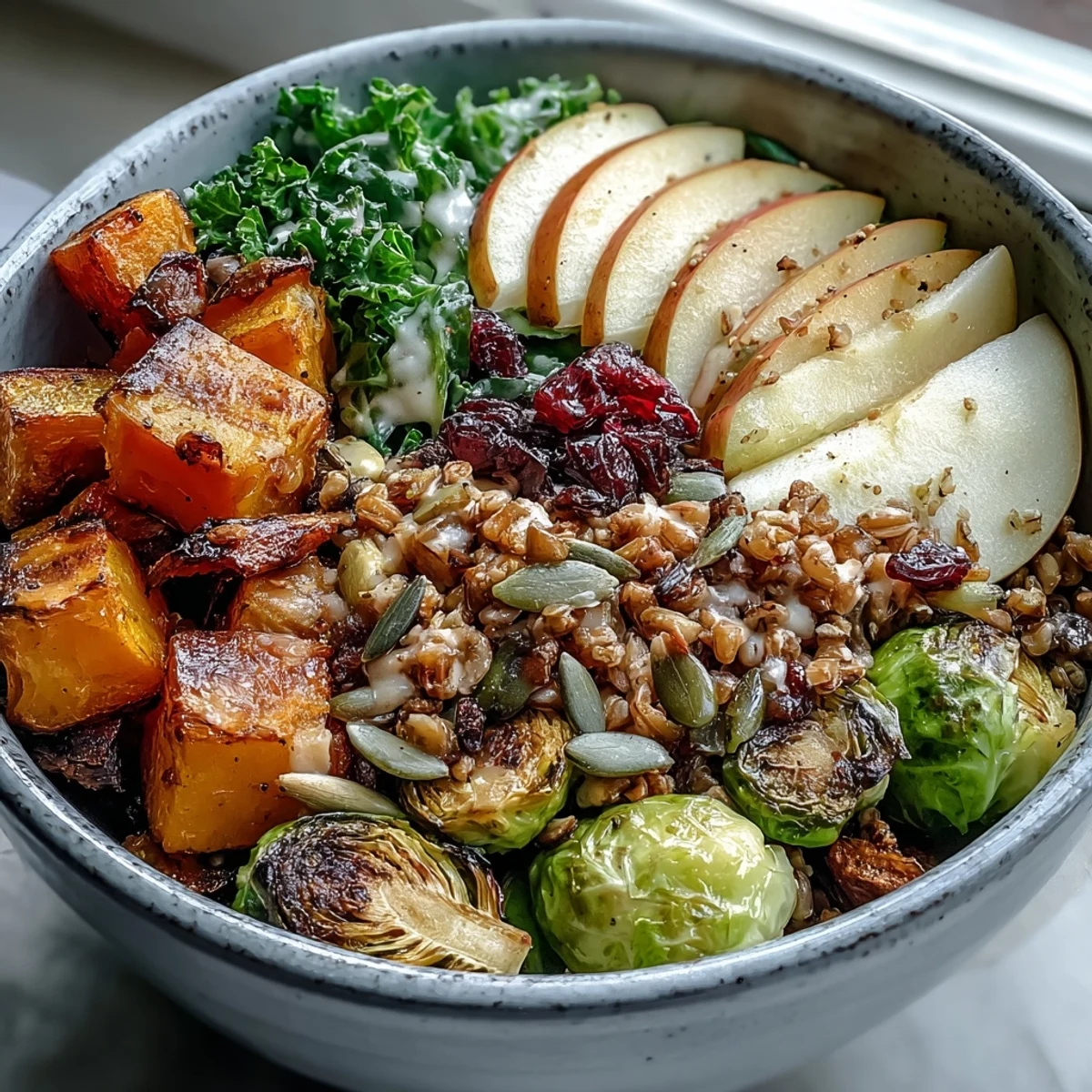 A close-up view shows a nourishing fall vegetable bowl with colorful autumn ingredients like squash, Brussels sprouts, and kale.