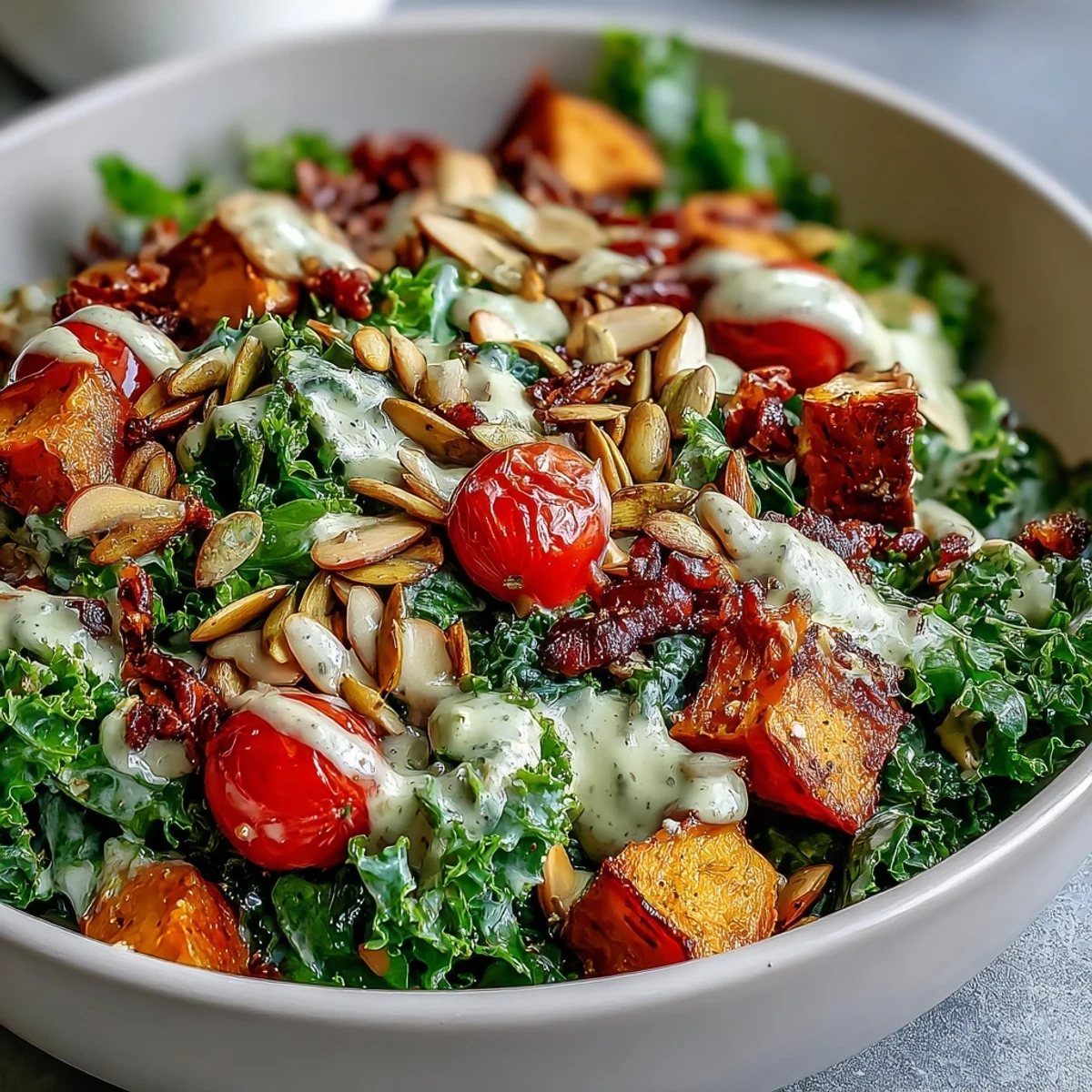 Hearty Kale Salad Bowl featuring tender greens, roasted vegetables, toasted almonds, and pumpkin seeds, drizzled with lemony tahini dressing for a nutritious meal.