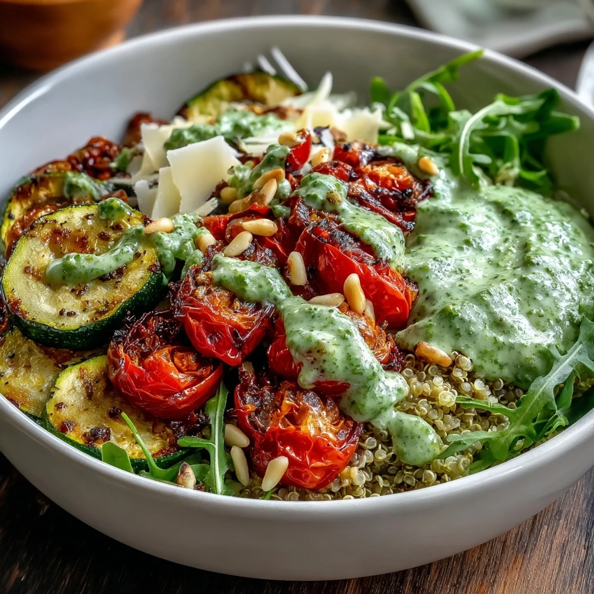Peppery arugula pesto coats fluffy quinoa and tender roasted vegetables, topped with shaved Parmesan and crunchy pine nuts.