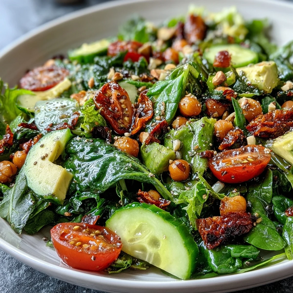 Colorful Mixed Greens Power Bowl with chickpeas, cherry tomatoes, and a light lemon vinaigrette drizzle.
