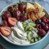 Spring Fruit Table Platter with Dipping Yogurt Sauce - colorful assortment of fresh berries, tropical fruits, and crisp apples arranged around creamy honey-yogurt dip.