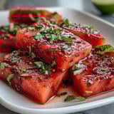 Sweet watermelon wedges topped with chili-lime Tajin seasoning and bright lime juice—perfect for picnics or beach days.  