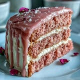 This elegant Rosé Velvet Cake features a beautiful pink hue and luscious frosting.