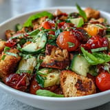 Summer Panzanella salad featuring toasted bread, crisp veggies, perfect for outdoor dining.