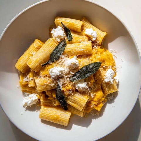 A close-up of creamy Roasted Butternut Squash and Sage Goat Cheese Pasta, a comforting autumn meal.