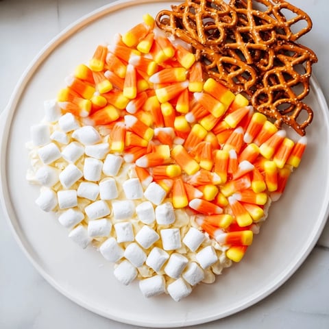 A vibrant Candy Corn Spooky Board filled with colorful Halloween sweets and savory snacks to enjoy.