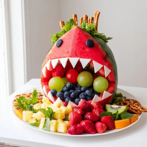 Watermelon Wave Shark Snack Board bursting with colors, overflowing with summer fruits and snacks.