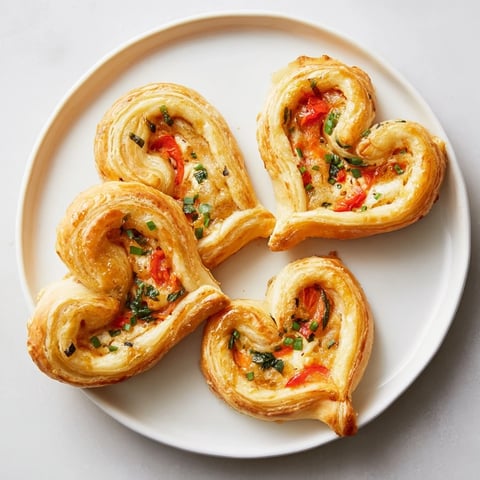 Golden-brown Cœurs Entrelacés, intertwined pastry hearts filled with creamy goat cheese and sweet peppers.