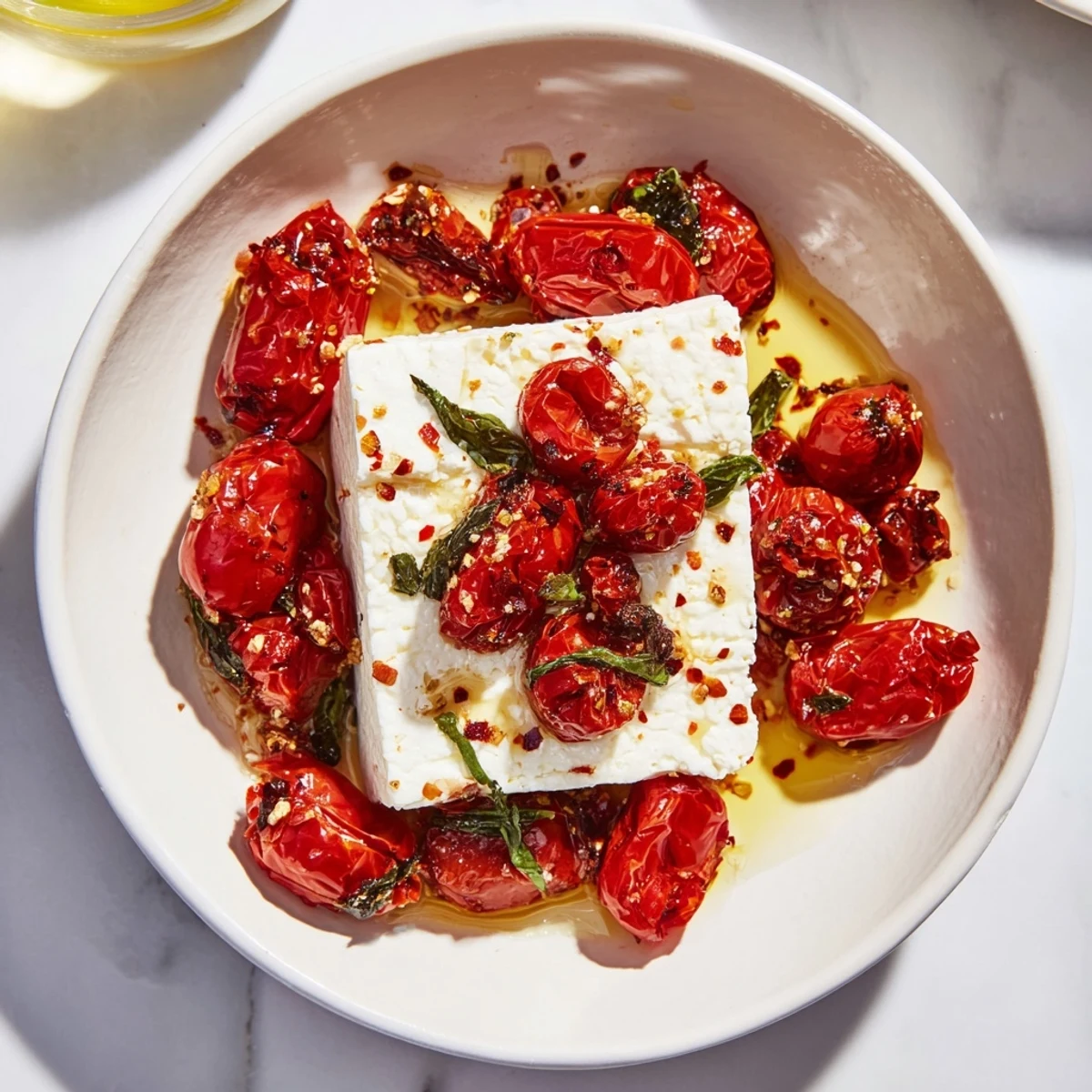 Golden baked feta with bursting tomatoes, a warm dish ready to be served.