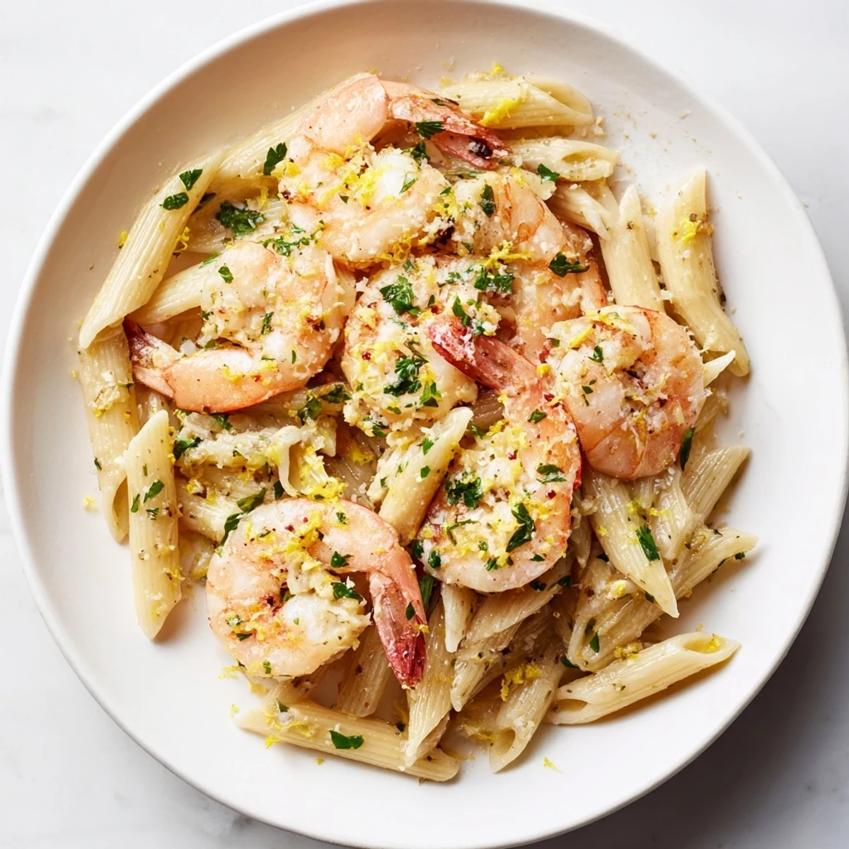 Golden garlic shrimp penne pasta, perfectly cooked and glistening with butter and fresh herbs.
