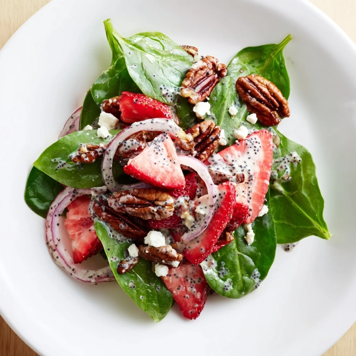 Bright, colorful image of a fresh strawberry spinach salad, ready to be enjoyed.