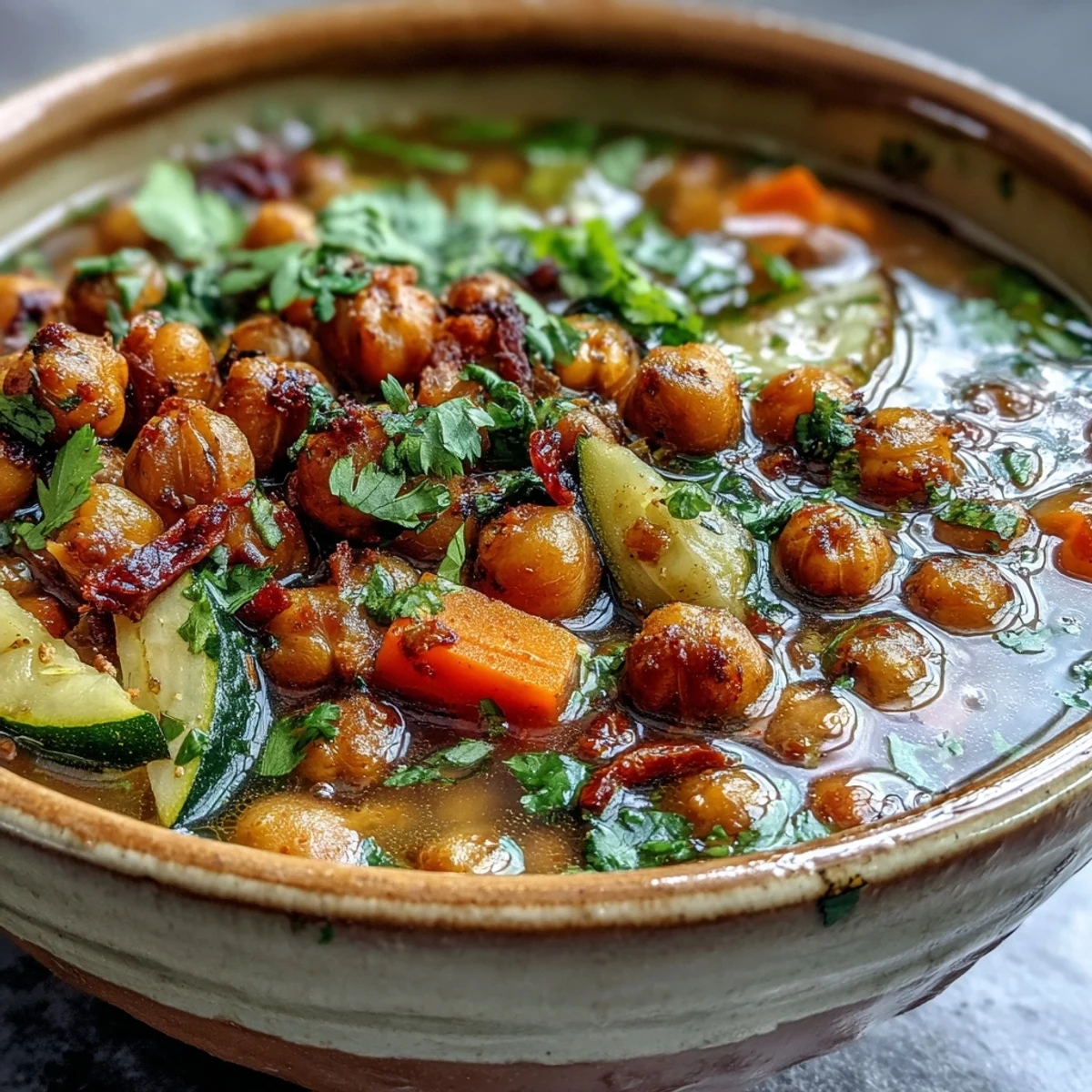 Golden roasted chickpeas and hearty vegetables simmer in a warming Spiced Chickpea and Vegetable Soup, ready to serve.