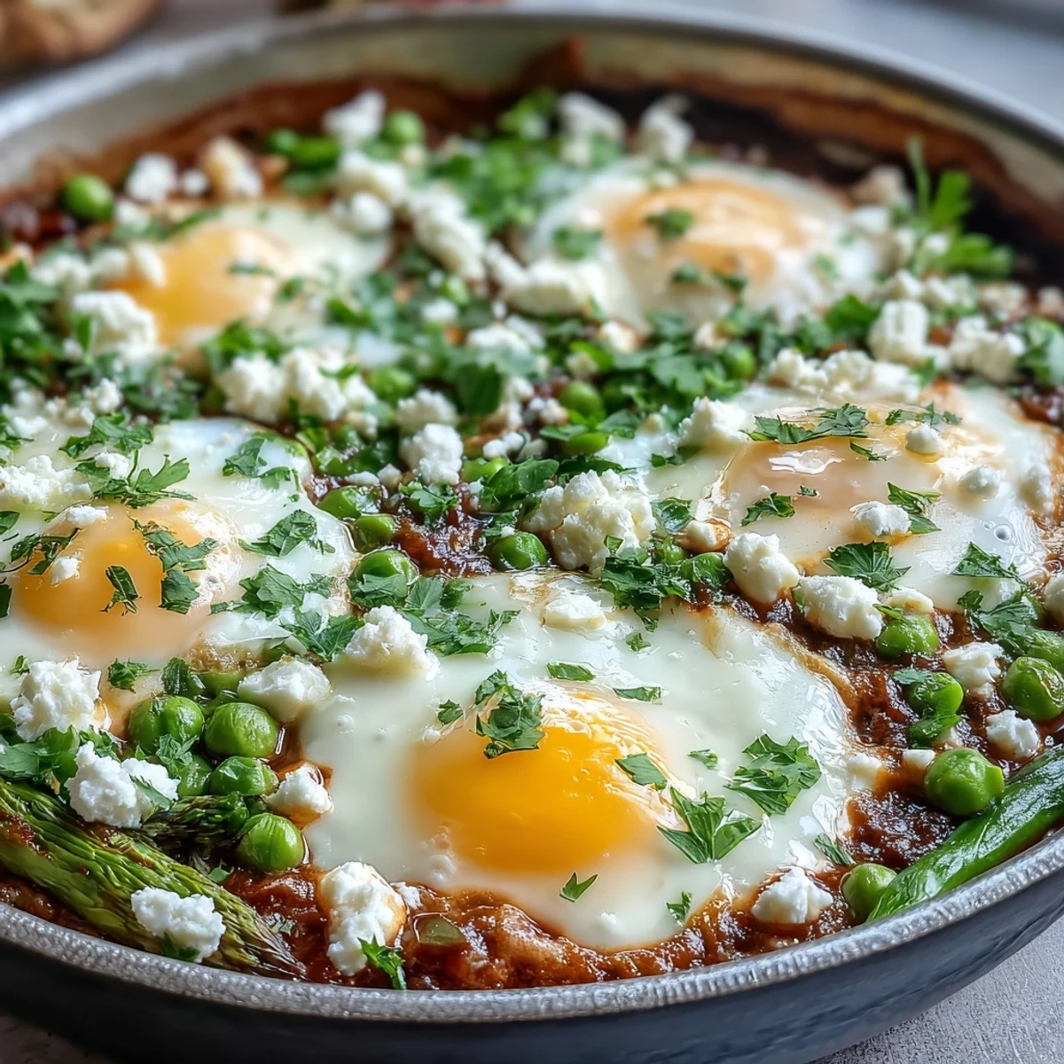 Bright and bubbly Pea and Broad Bean Shakshuka with runny eggs, feta crumbles, and fresh herbs in a red tomato sauce, served in a skillet for spring brunch.
