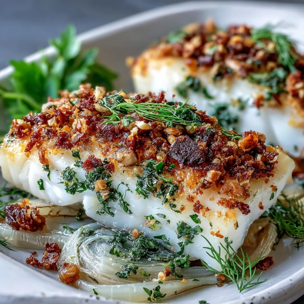 Golden-brown baked halibut fillets topped with a crunchy lemon-walnut pangrattato, served alongside tender roasted fennel slices.