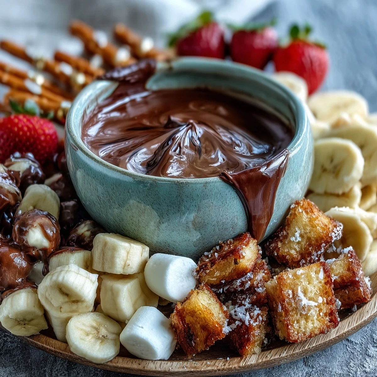 Creamy boozy chocolate fondue with fresh strawberries, apple wedges, and marshmallows for dipping.