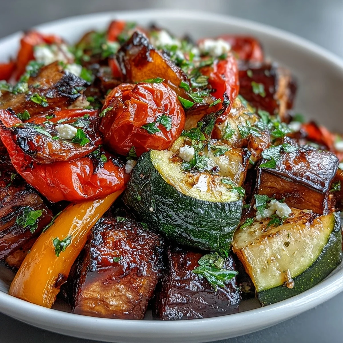 Golden-brown roasted Mediterranean Greek vegetables with caramelized eggplant, zucchini, peppers, and tomatoes, topped with feta and parsley.