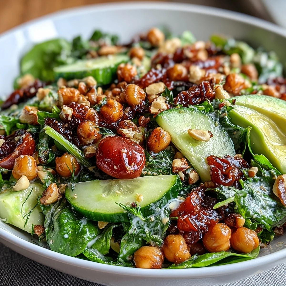 A vibrant Mixed Greens Power Bowl loaded with fresh spinach, crunchy walnuts, and ripe avocado slices.