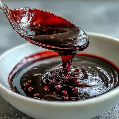 Glossy, deep purple Black Currant Syrup is slowly poured from a glass jar into a spoon, drizzling over creamy vanilla ice cream.