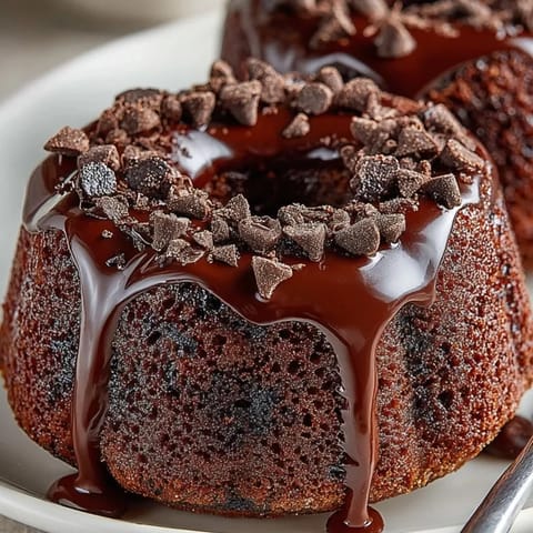 Homemade double chocolate chip mini bundt cakes glistened with a rich, dark chocolate glaze.