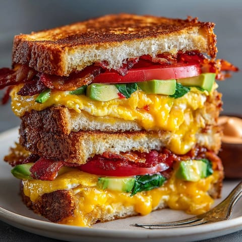 Savory TikTok Breakfast Sandwich with crispy bread, oozing cheese, and colorful fillings.