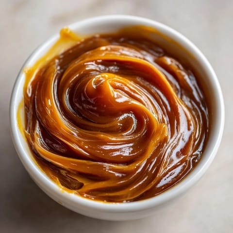 Homemade Miso Caramel Sauce, a rich amber hue, bubbling in a warm saucepan.