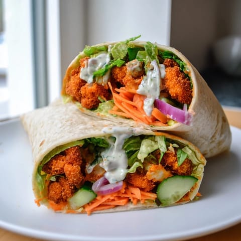 Golden, crispy Vegan Buffalo Cauliflower Wraps, halved and ready to eat, with creamy ranch.