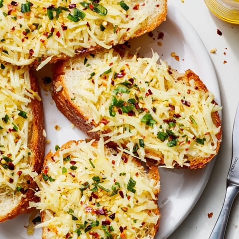 Golden-brown garlic bread topped with spicy chili and melted cheese goodness.  