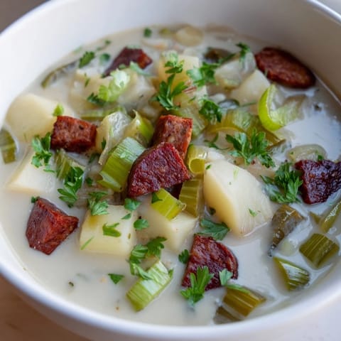 Creamy Potato, Leek & Chorizo Soup with a smoky aroma, ready to be served from the pot.