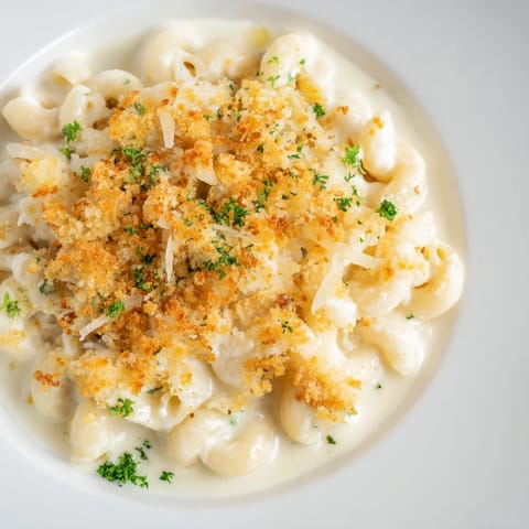 A close-up view of creamy Truffle Macaroni & Cheese, rich with melted cheese and truffle aroma.