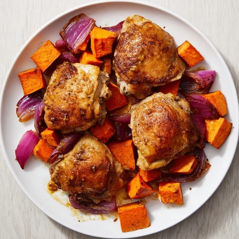 A delicious close-up of Maple Glazed Chicken & Sweet Potato Bake with glistening glaze, perfect for a hearty weeknight dinner.